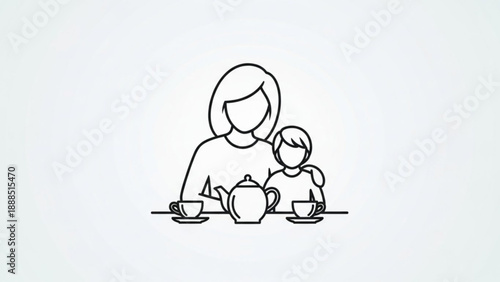 Mother and Child Drinking Tea Together at Table Minimalist Line Art