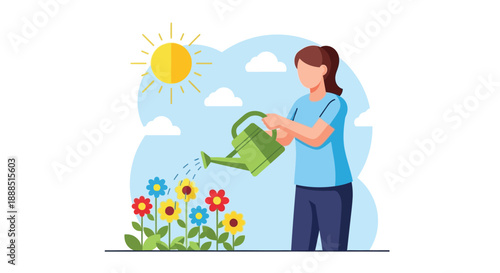 A woman cheerfully waters vibrant flowers under a bright sun depicted in a simplified flat illustration style silhouette high quality professional
