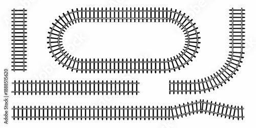 Model train track layout components displayed in a minimalist graphic style