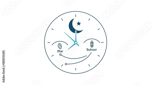 Sleeping Clock Face with Moon and Alarm Clocks, Isolated on White Background