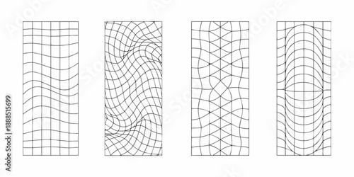 Four panels displaying progressively distorted grid patterns in black and white
