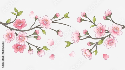 Pink Cherry Blossom Branches with Flowers and Leaves Isolated on White Background