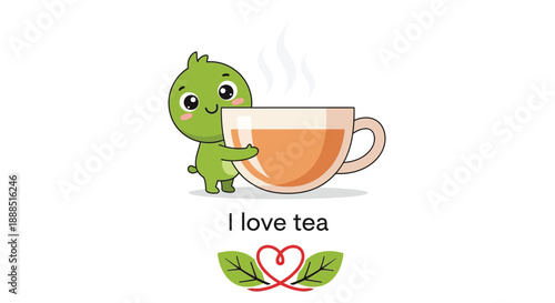 A cheerful green cartoon creature lovingly holds a large cup of tea displaying a playful message silhouette high quality professional detailed