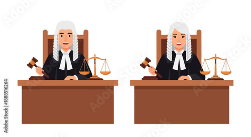 Two identical cartoon depictions of a judge seated at a desk with scales and a gavel silhouette high quality professional detailed