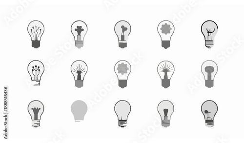 Minimal light bulb idea and technology line icon set in modern flat vector style