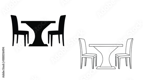 Dining set arrangements a black silhouette contrasted with a line drawing