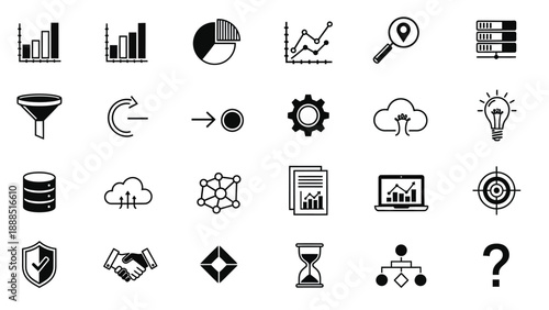 Collection of black icons representing data analytics and business silhouette