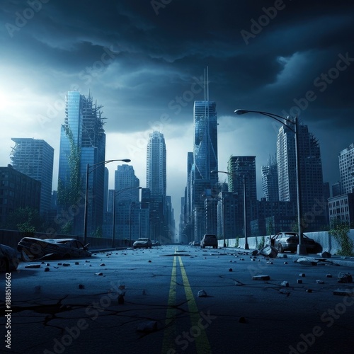 Illuminated New York City skyline at night with high glass skyscrapers and Manhattan office buildings reflecting blue light across the urban downtown cityscape