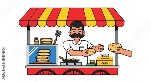 A vibrant cartoon illustration depicts a food vendor preparing pancakes at a roadside stall showcasing a bold silhouette high quality professional