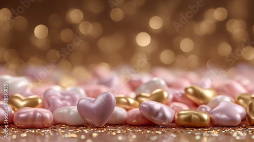  Pink and gold heart candies scattered under golden bokeh background romantic Valentine's Day and wedding decoration close up luxurious sweet atmosphere

