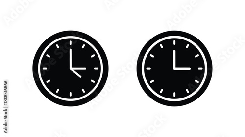 Two black clocks displaying different times simple graphic silhouette