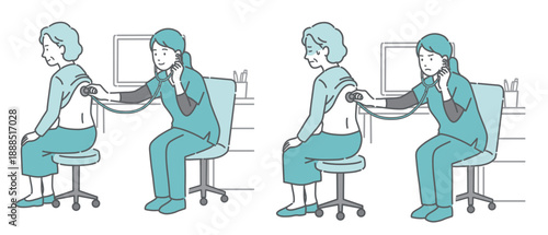 スクラブを着用した女性医療従事者による高齢女性の背中の聴診イラストセット（正常・異常/体調不良）