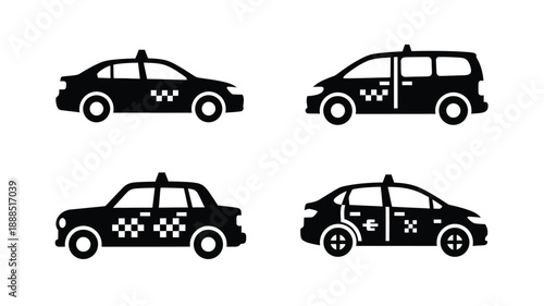 Four black taxi vehicle silhouettes in a simple graphic style silhouette