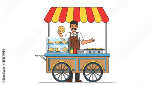 A colorful illustration depicts a street vendor selling pretzels from a charming cart presented as a silhouette high quality professional detailed