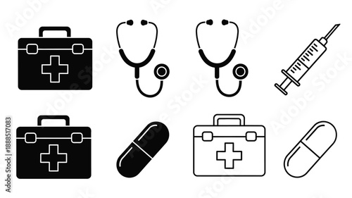 Medical icons featuring a stethoscope syringe and case silhouette