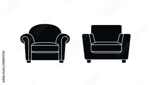 Two black armchairs displayed in profile and front views silhouette