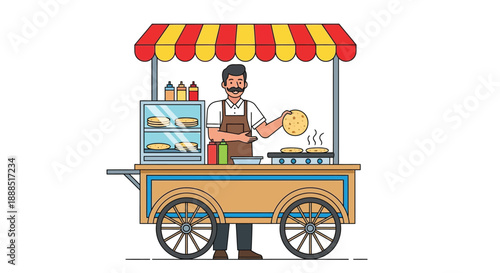 A colorful illustration depicts a street food vendor serving flatbreads from a cart showcasing a distinct silhouette high quality professional detailed