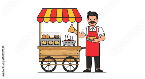 A cheerful vendor stands proudly beside his food cart offering delicious treats in a striking silhouette high quality professional detailed modern