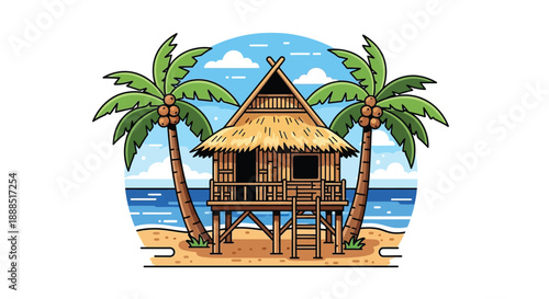A vibrant tropical scene depicts a thatched roof hut nestled between palm trees and a serene ocean silhouette high quality professional detailed
