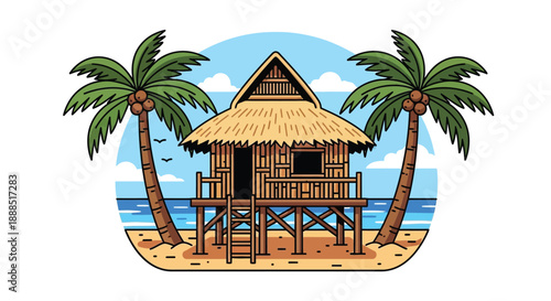 A colorful illustration depicts a thatched roof hut on a beach flanked by palm trees creating a tropical scene silhouette high quality