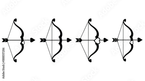 Four black bows and arrows displayed in a linear arrangement silhouette