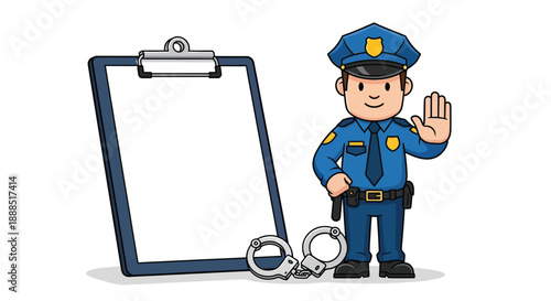 A cartoon police officer stands beside a clipboard and handcuffs gesturing a stop sign a flat silhouette high quality professional detailed