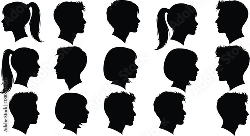 Human head silhouettes, male and female profiles, black vector icons, facial recognition, demographic illustration, hairstyle variation, side view design