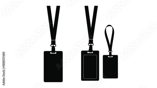 Three black lanyard badges displayed in varying sizes a striking silhouette