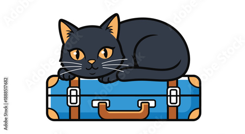 A charming black cat rests peacefully atop a blue suitcase creating a playful travel scene silhouette high quality professional detailed modern