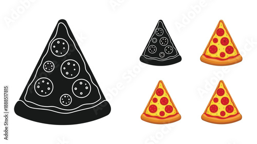 Three colorful pizza slices and a black silhouette