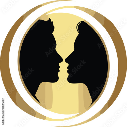 Rubin vase illusion, face profiles, optical illusion art, visual psychology, figure ground perception, abstract design, black silhouette, circular frame