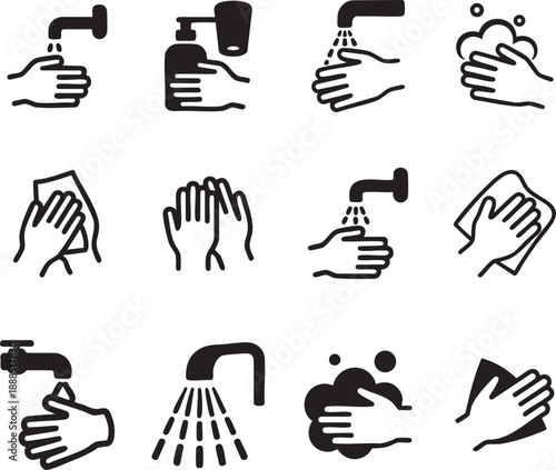 Collection of icons illustrating hand hygiene and washing steps for cleanliness and health.