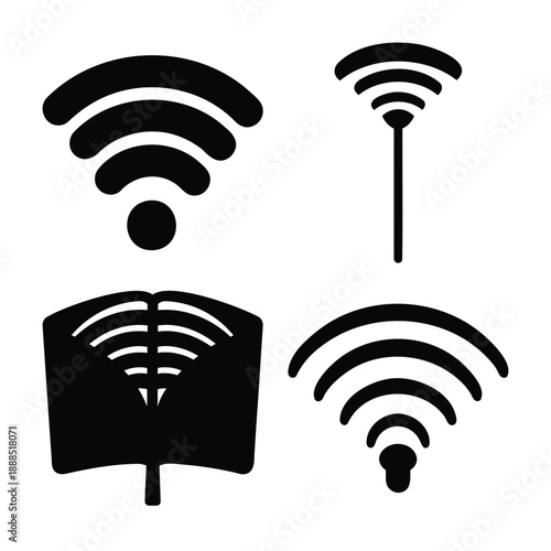 Collection of diverse black and white wireless signal and wi-fi icons
