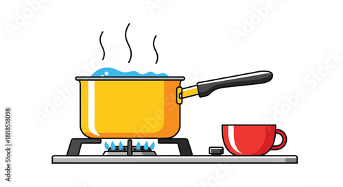 A vibrant yellow pot boils on a stove with a red mug nearby creating a domestic scene silhouette high quality professional