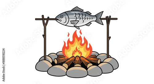 A fish is skewered and roasting over a vibrant campfire creating a striking silhouette high quality professional detailed modern elegant stylish