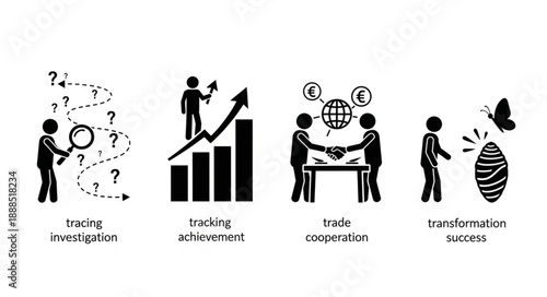 Business concept icons showing investigation achievement cooperation and transformation.