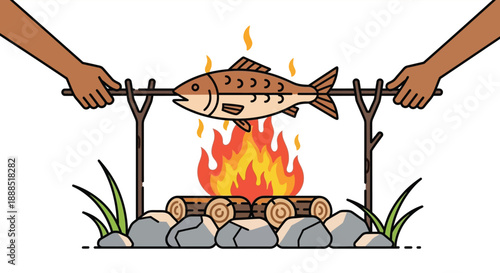 Hands roasting a fish over a campfire with stylized flames and surrounding vegetation a striking silhouette high quality professional detailed modern