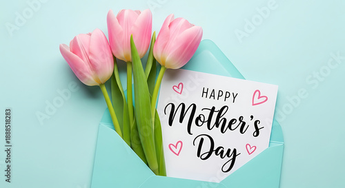Happy Mother's Day Greeting Card with Pink Tulips in Blue Envelope
