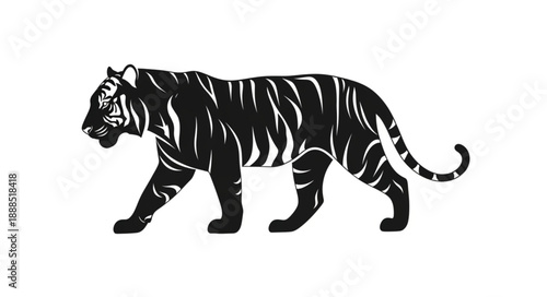 Black silhouette of a walking tiger with white stripes.