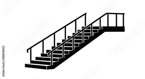 Black staircase with handrails on a white background.
