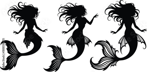 Mermaid silhouettes, fantasy art, mythical creatures, flowing hair, ornate tails, underwater elegance, graceful poses, black silhouettes, vector design, illustration