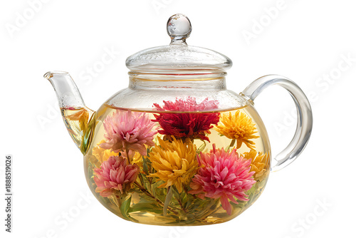 Blooming Tea Flowers Steeping in a Clear Glass Teapot, isolated on a transparent background.