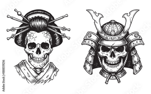 Geisha and Samurai Skeleton Skull Tattoo Design
