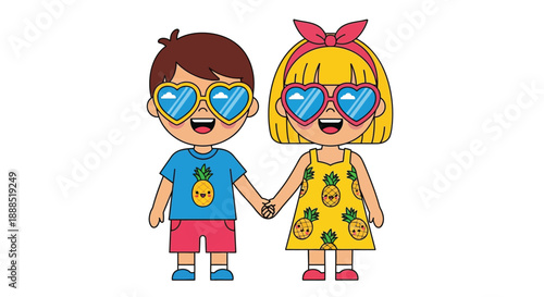 Two cheerful children wearing heart shaped sunglasses and holding hands depicted in a vibrant cartoonish style silhouette high quality professional detailed modern