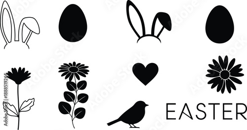 Easter Themed Black and White Silhouettes Collection with Bunny Ears, Eggs, Flowers, Bird, Heart, and Text
