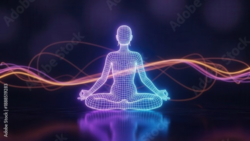 Digital Serenity: A Wireframe Figure Meditating Amidst Swirling Neon Energy Waves Promoting Inner