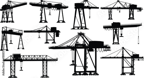 Industrial crane silhouettes, construction equipment, gantry crane, tower crane, container crane, heavy lifting, engineering design, black vector, logistics art
