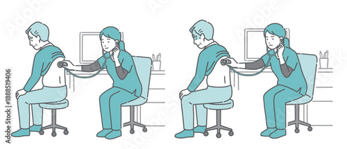 スクラブを着用した女性医療従事者による高齢男性の背中の聴診イラストセット（正常・異常/体調不良）