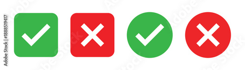 check mark icon button set. check box icon with right and wrong buttons and yes or no checkmark icons in green tick box and red cross vector.
