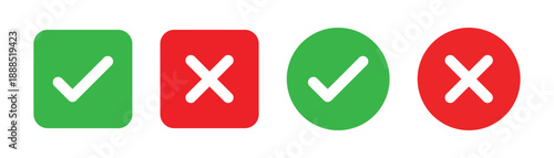 check mark icon button set. check box icon with right and wrong buttons and yes or no checkmark icons in green tick box and red cross